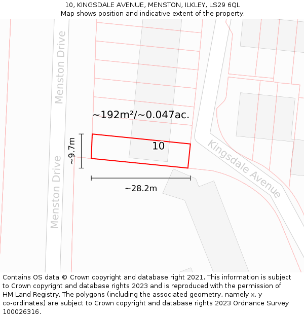 10, KINGSDALE AVENUE, MENSTON, ILKLEY, LS29 6QL: Plot and title map