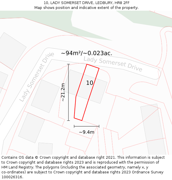 10, LADY SOMERSET DRIVE, LEDBURY, HR8 2FF: Plot and title map