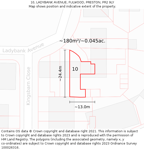 10, LADYBANK AVENUE, FULWOOD, PRESTON, PR2 9LY: Plot and title map