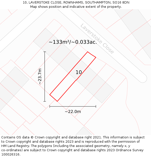 10, LAVERSTOKE CLOSE, ROWNHAMS, SOUTHAMPTON, SO16 8DN: Plot and title map