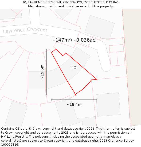 10, LAWRENCE CRESCENT, CROSSWAYS, DORCHESTER, DT2 8WL: Plot and title map