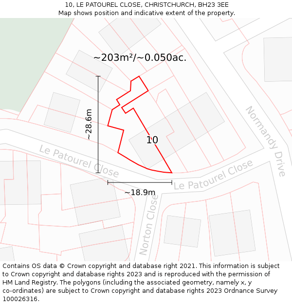 10, LE PATOUREL CLOSE, CHRISTCHURCH, BH23 3EE: Plot and title map