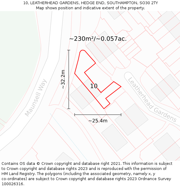 10, LEATHERHEAD GARDENS, HEDGE END, SOUTHAMPTON, SO30 2TY: Plot and title map