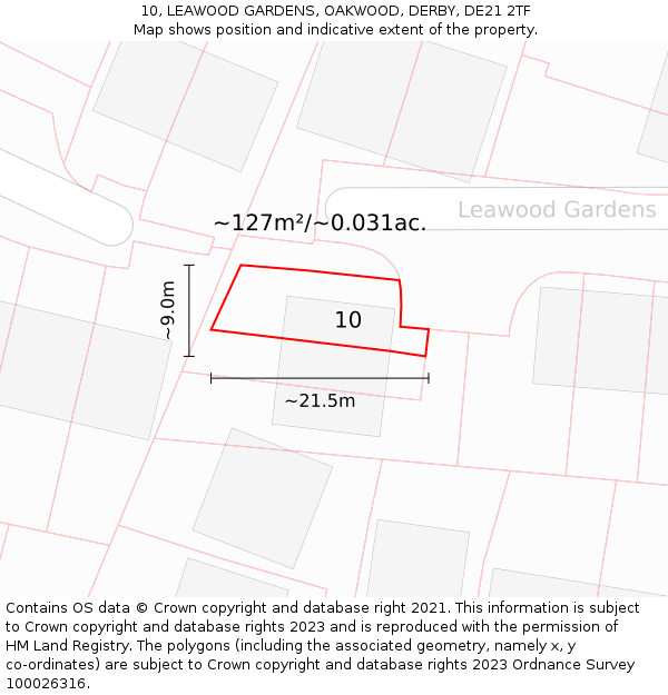 10, LEAWOOD GARDENS, OAKWOOD, DERBY, DE21 2TF: Plot and title map