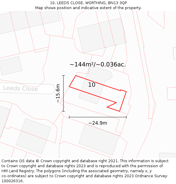 10, LEEDS CLOSE, WORTHING, BN13 3QP: Plot and title map