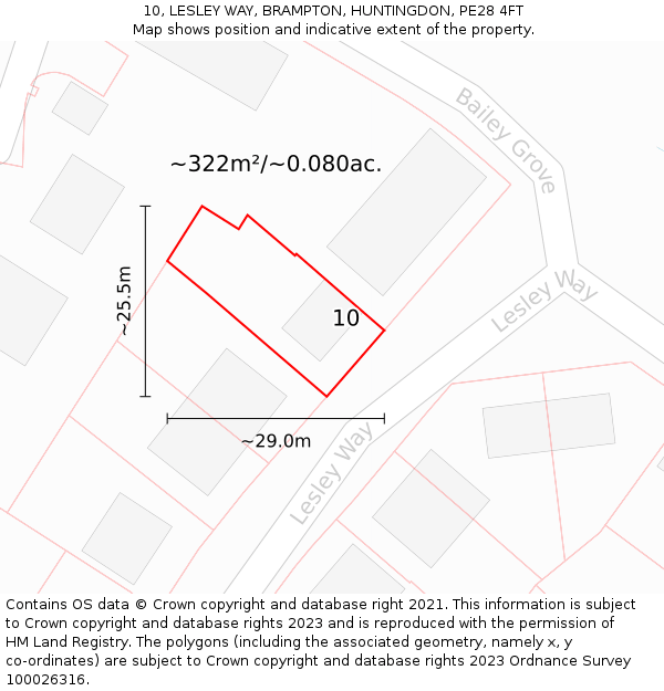 10, LESLEY WAY, BRAMPTON, HUNTINGDON, PE28 4FT: Plot and title map