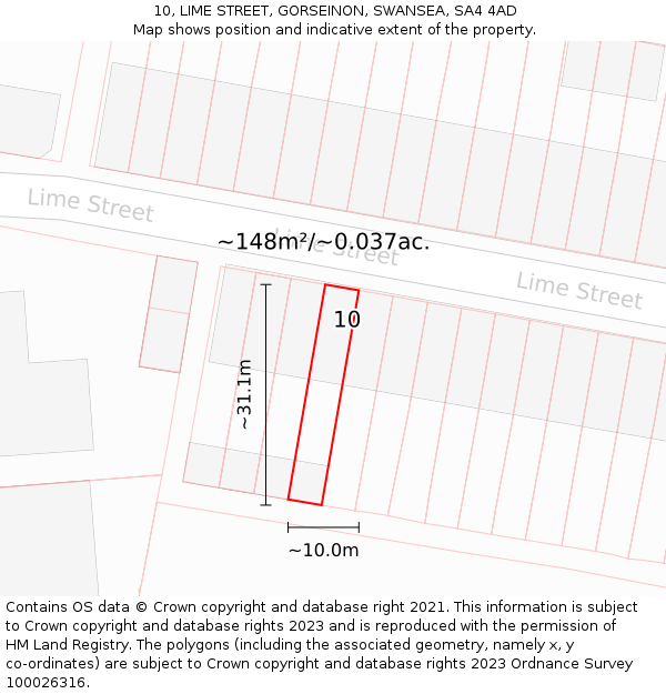 10, LIME STREET, GORSEINON, SWANSEA, SA4 4AD: Plot and title map