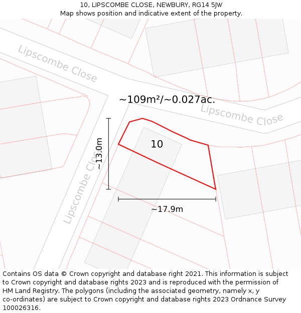 10, LIPSCOMBE CLOSE, NEWBURY, RG14 5JW: Plot and title map