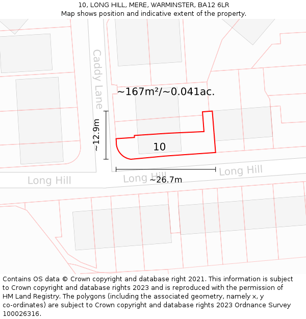 10, LONG HILL, MERE, WARMINSTER, BA12 6LR: Plot and title map