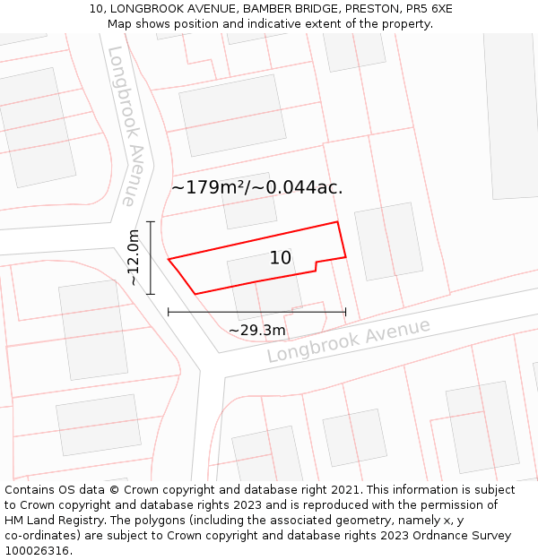 10, LONGBROOK AVENUE, BAMBER BRIDGE, PRESTON, PR5 6XE: Plot and title map