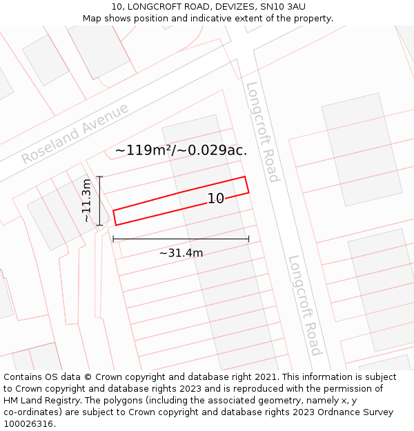 10, LONGCROFT ROAD, DEVIZES, SN10 3AU: Plot and title map