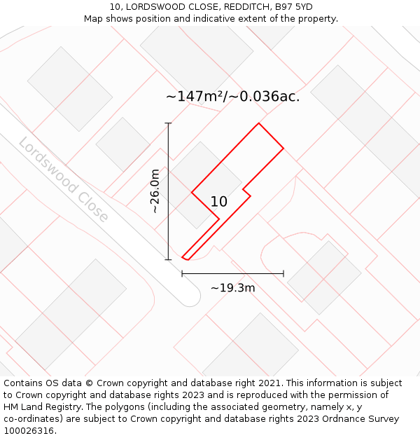 10, LORDSWOOD CLOSE, REDDITCH, B97 5YD: Plot and title map