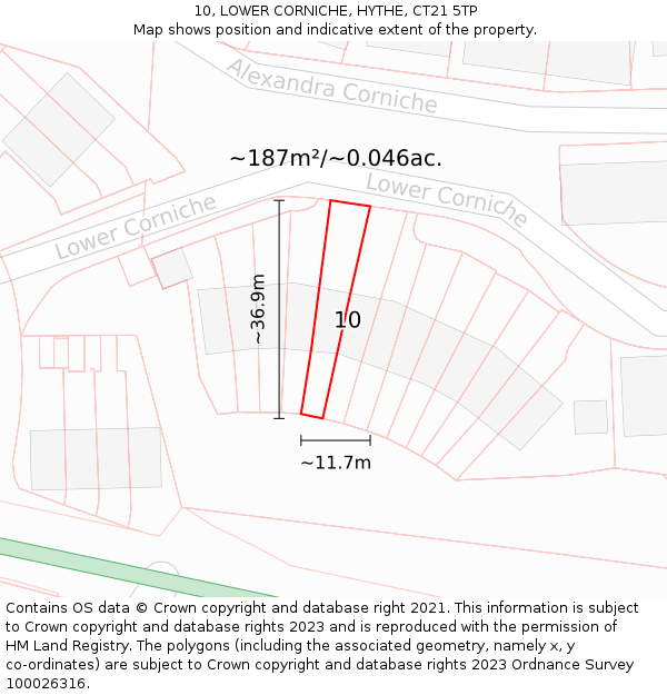 10, LOWER CORNICHE, HYTHE, CT21 5TP: Plot and title map
