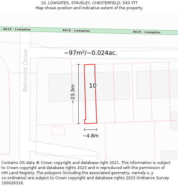 10, LOWGATES, STAVELEY, CHESTERFIELD, S43 3TT: Plot and title map