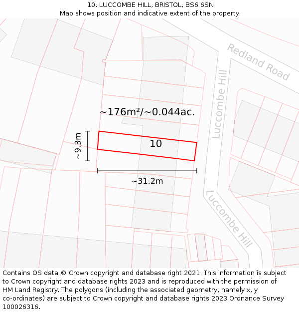 10, LUCCOMBE HILL, BRISTOL, BS6 6SN: Plot and title map