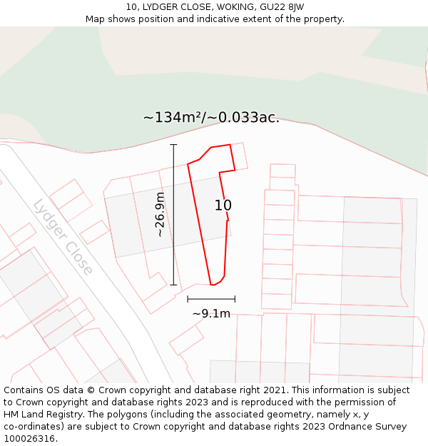 10, LYDGER CLOSE, WOKING, GU22 8JW: Plot and title map
