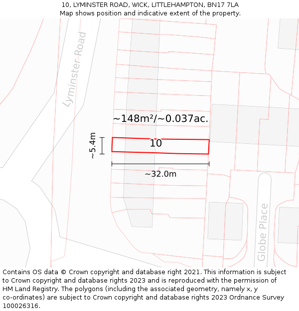 10, LYMINSTER ROAD, WICK, LITTLEHAMPTON, BN17 7LA: Plot and title map