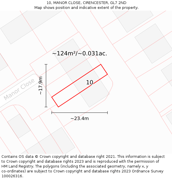 10, MANOR CLOSE, CIRENCESTER, GL7 2ND: Plot and title map