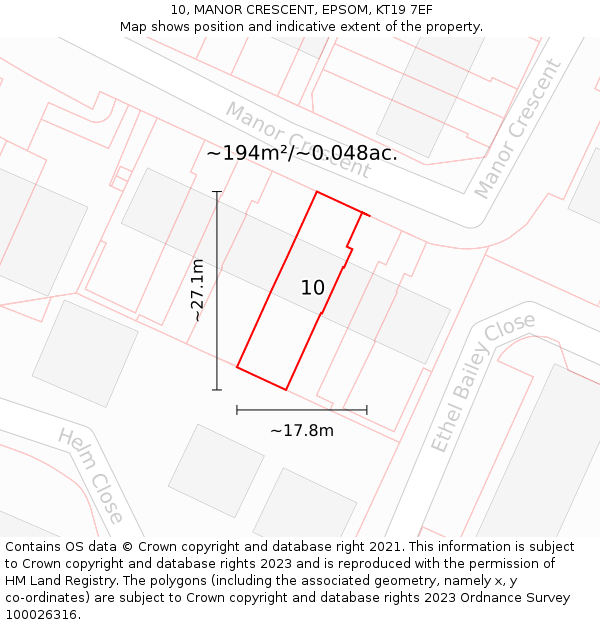 10, MANOR CRESCENT, EPSOM, KT19 7EF: Plot and title map