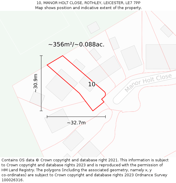 10, MANOR HOLT CLOSE, ROTHLEY, LEICESTER, LE7 7PP: Plot and title map