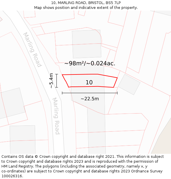 10, MARLING ROAD, BRISTOL, BS5 7LP: Plot and title map