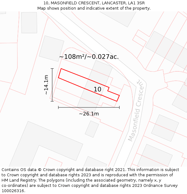 10, MASONFIELD CRESCENT, LANCASTER, LA1 3SR: Plot and title map