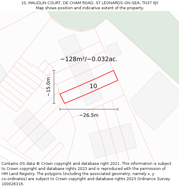 10, MAUDLIN COURT, DE CHAM ROAD, ST LEONARDS-ON-SEA, TN37 6JY: Plot and title map