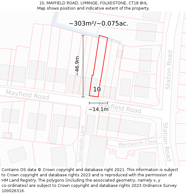 10, MAYFIELD ROAD, LYMINGE, FOLKESTONE, CT18 8HL: Plot and title map