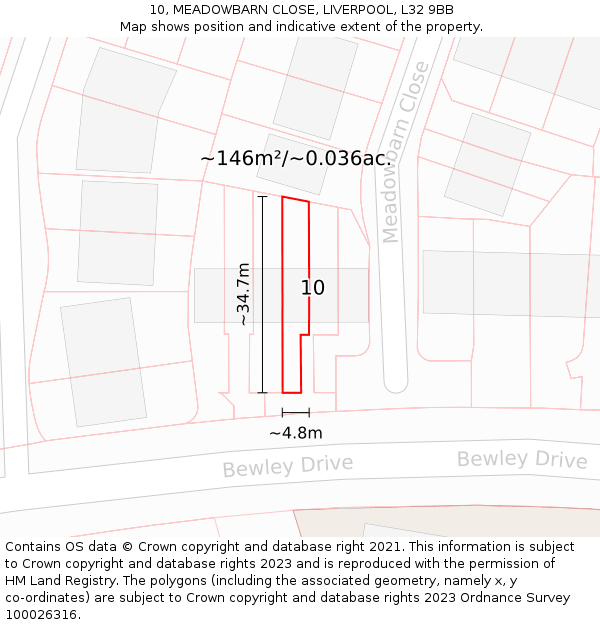 10, MEADOWBARN CLOSE, LIVERPOOL, L32 9BB: Plot and title map
