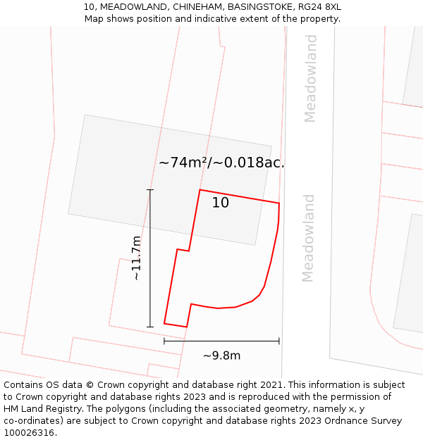 10, MEADOWLAND, CHINEHAM, BASINGSTOKE, RG24 8XL: Plot and title map