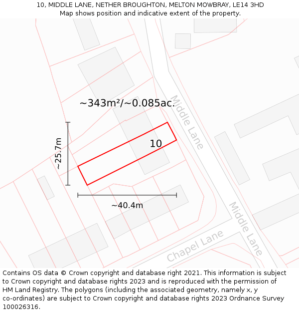 10, MIDDLE LANE, NETHER BROUGHTON, MELTON MOWBRAY, LE14 3HD: Plot and title map