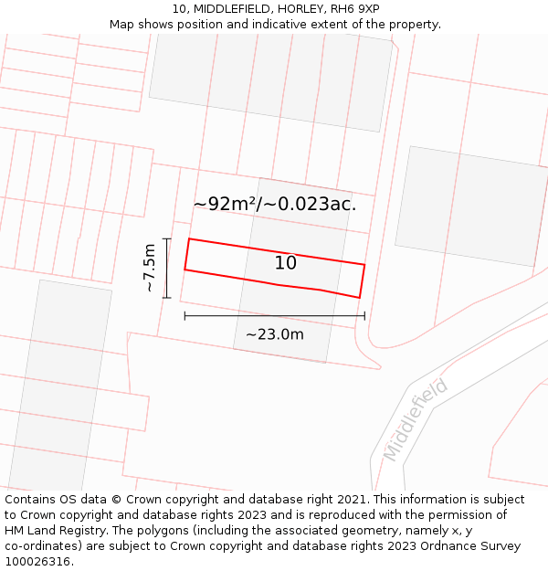 10, MIDDLEFIELD, HORLEY, RH6 9XP: Plot and title map