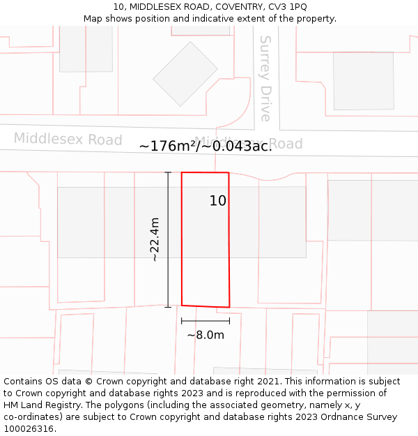10, MIDDLESEX ROAD, COVENTRY, CV3 1PQ: Plot and title map
