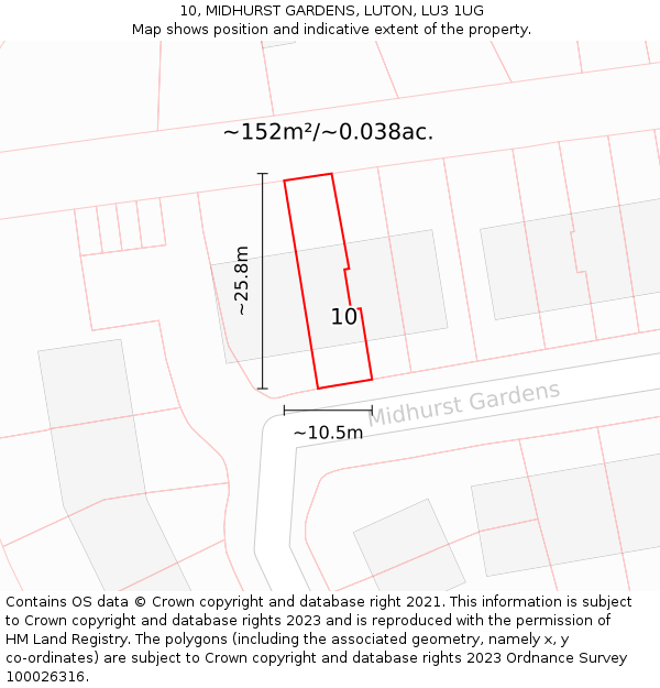 10, MIDHURST GARDENS, LUTON, LU3 1UG: Plot and title map