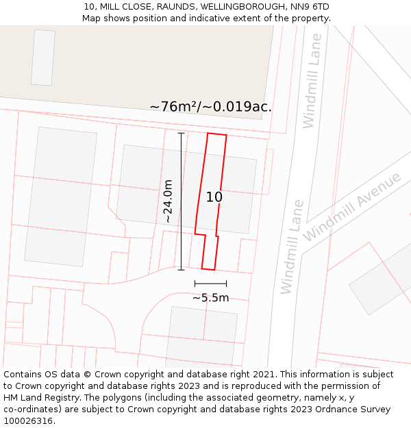 10, MILL CLOSE, RAUNDS, WELLINGBOROUGH, NN9 6TD: Plot and title map