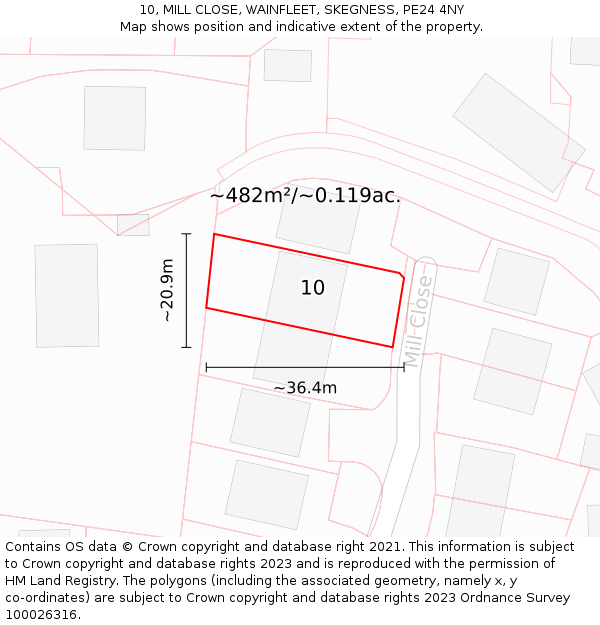 10, MILL CLOSE, WAINFLEET, SKEGNESS, PE24 4NY: Plot and title map