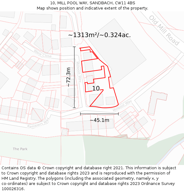 10, MILL POOL WAY, SANDBACH, CW11 4BS: Plot and title map