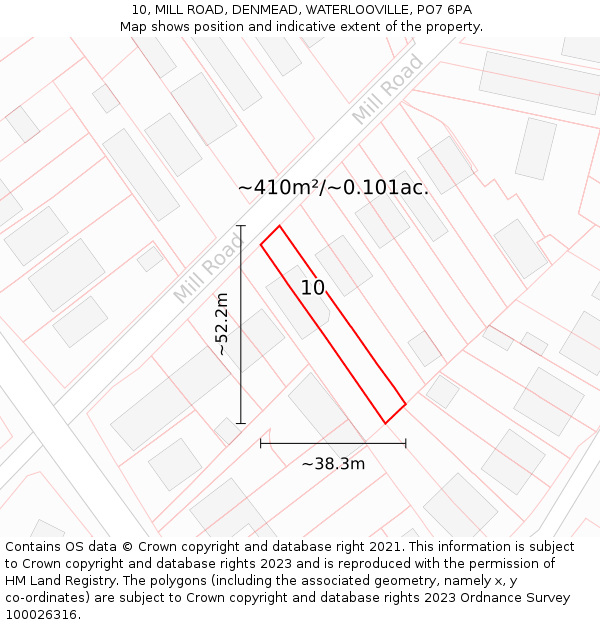 10, MILL ROAD, DENMEAD, WATERLOOVILLE, PO7 6PA: Plot and title map
