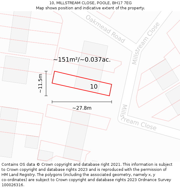10, MILLSTREAM CLOSE, POOLE, BH17 7EG: Plot and title map