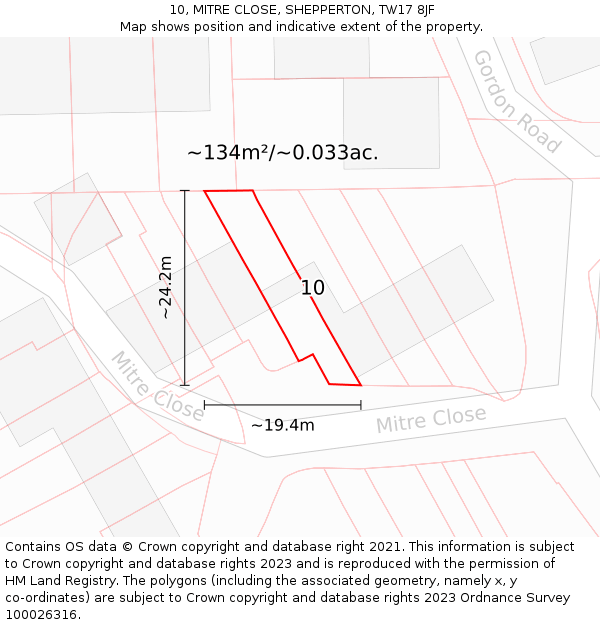 10, MITRE CLOSE, SHEPPERTON, TW17 8JF: Plot and title map