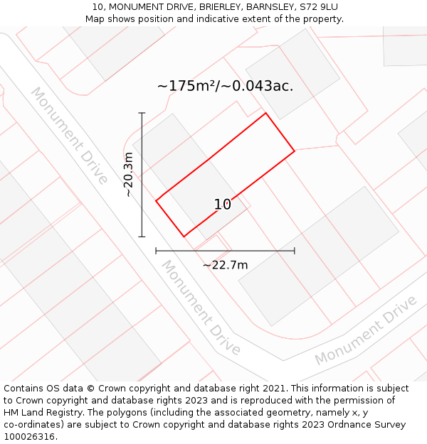 10, MONUMENT DRIVE, BRIERLEY, BARNSLEY, S72 9LU: Plot and title map