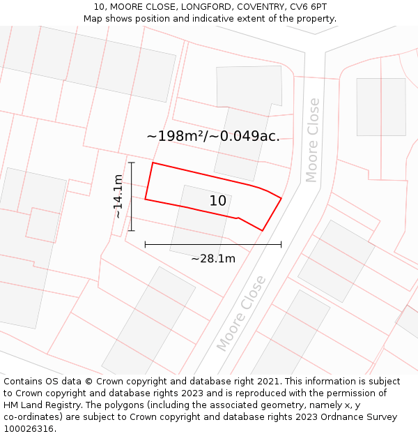 10, MOORE CLOSE, LONGFORD, COVENTRY, CV6 6PT: Plot and title map