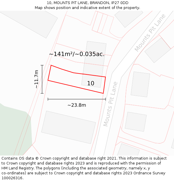 10, MOUNTS PIT LANE, BRANDON, IP27 0DD: Plot and title map