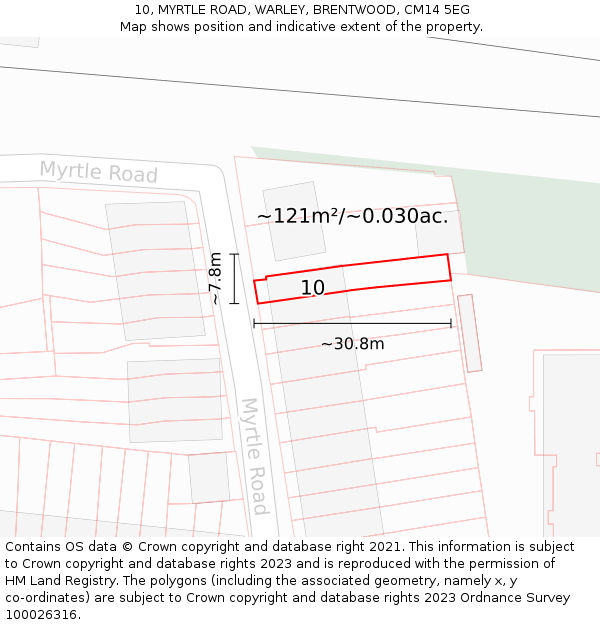 10, MYRTLE ROAD, WARLEY, BRENTWOOD, CM14 5EG: Plot and title map
