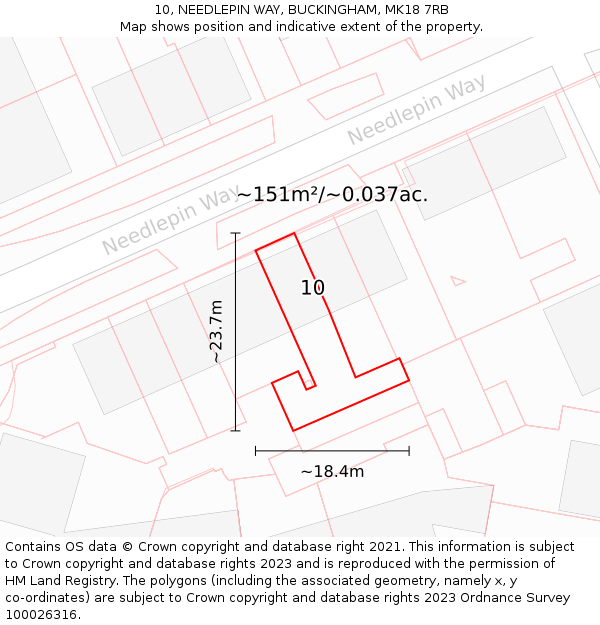 10, NEEDLEPIN WAY, BUCKINGHAM, MK18 7RB: Plot and title map