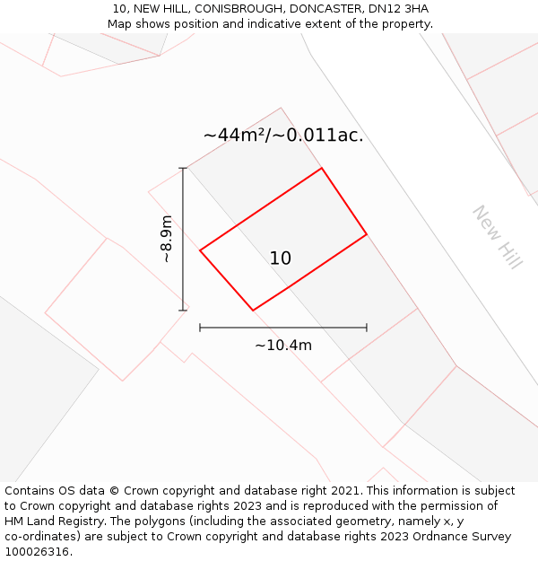 10, NEW HILL, CONISBROUGH, DONCASTER, DN12 3HA: Plot and title map