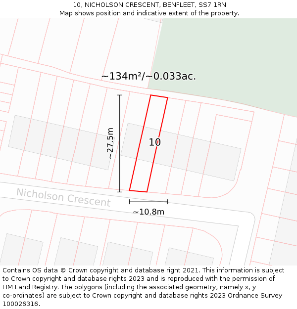 10, NICHOLSON CRESCENT, BENFLEET, SS7 1RN: Plot and title map