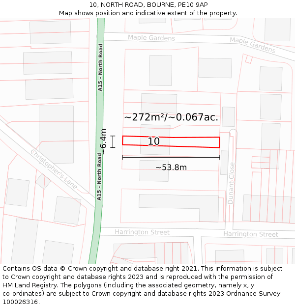 10, NORTH ROAD, BOURNE, PE10 9AP: Plot and title map