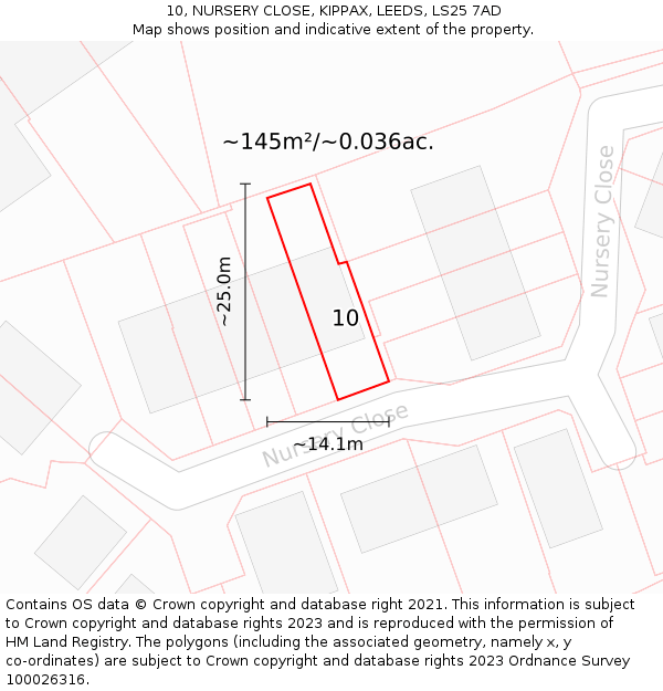 10, NURSERY CLOSE, KIPPAX, LEEDS, LS25 7AD: Plot and title map