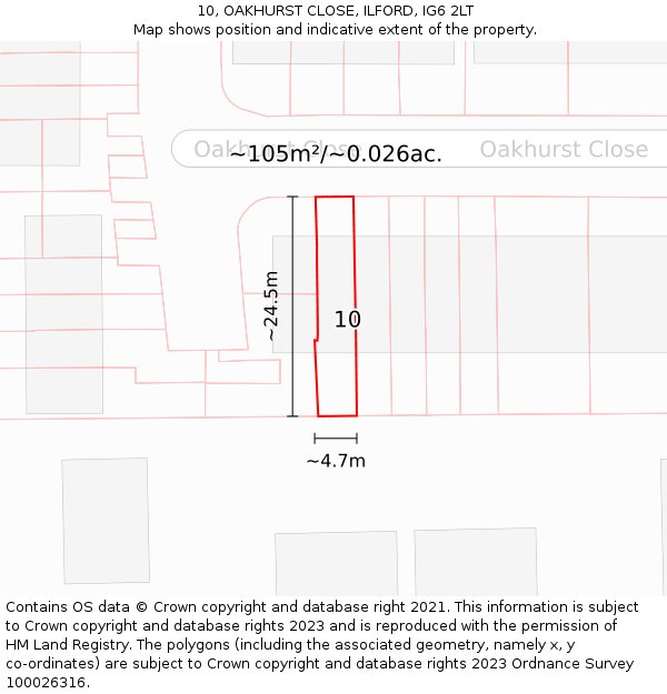 10, OAKHURST CLOSE, ILFORD, IG6 2LT: Plot and title map